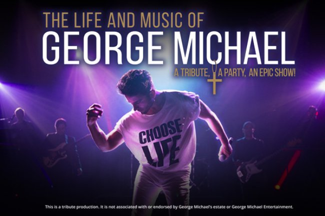 A George Michael tribute performer dances on stage in white clothing. 